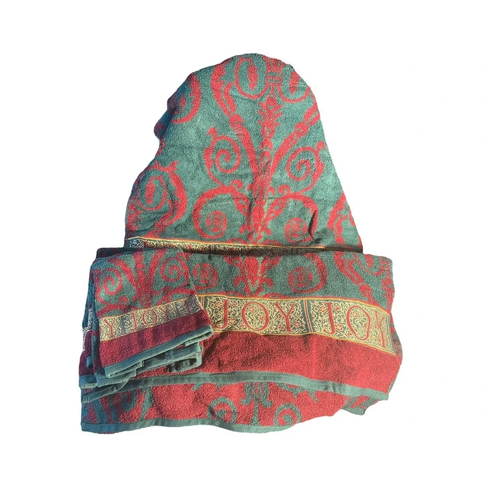 Santens Holiday Towels Set‎ Of 4 Green & Red 100% Cotton With Embroidered Joy